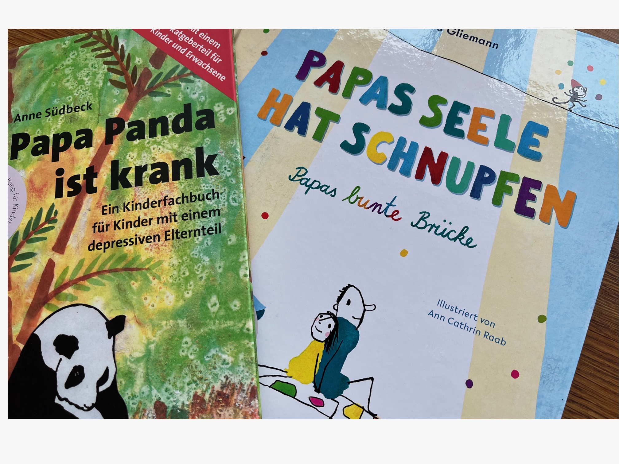 Kindgerechte Bücher zum Thema Depression: "Papa Panda ist krank" und "Papas Seele hat Schnupfen".